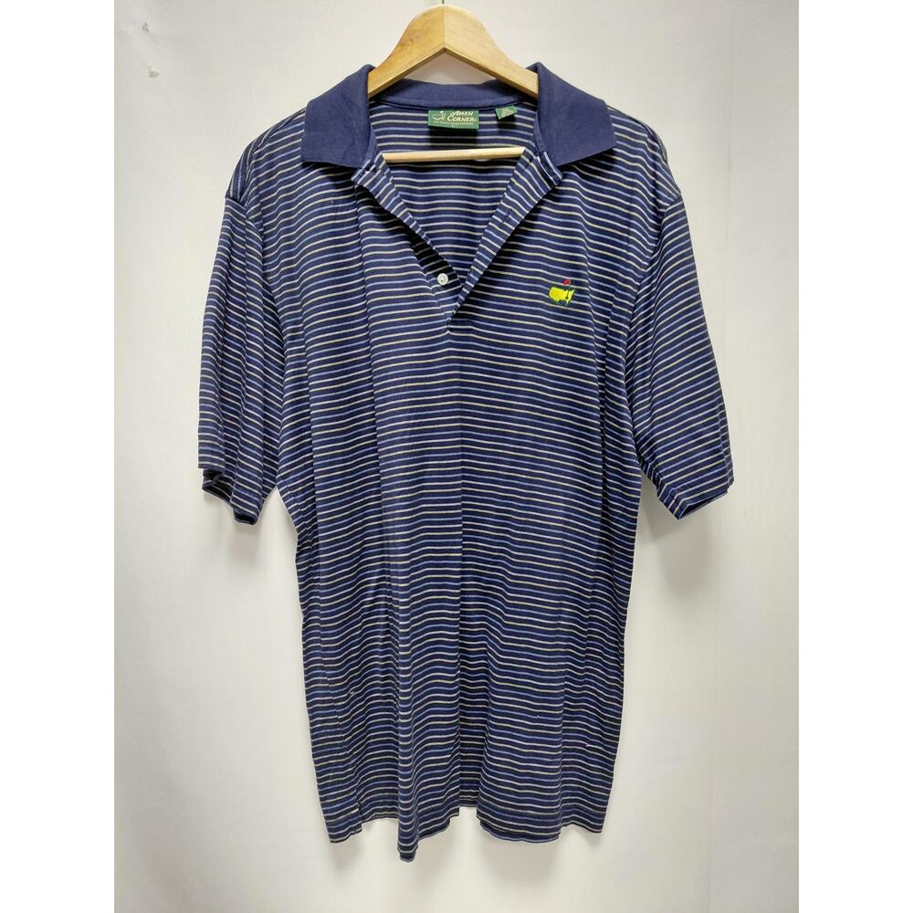 Amen Corner Striped Polo Shirt Blue Knit Short Sleeve Size L